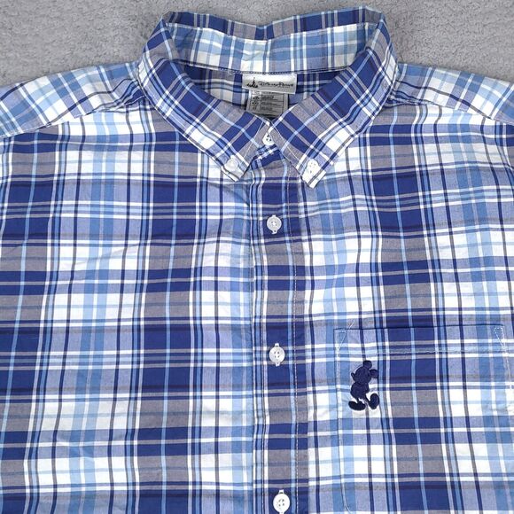 Disney Parks Shirt Mens XL Blue Plaid Embroidered Mickey Mouse Button Up - Picture 2 of 14